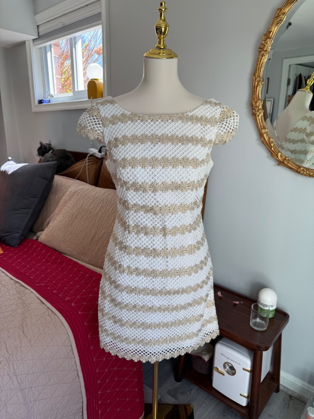Lilly Pulitzer Cream and Gold Lace-Striped Cap-Sleeve Shift Dress - Picture 4 of 5